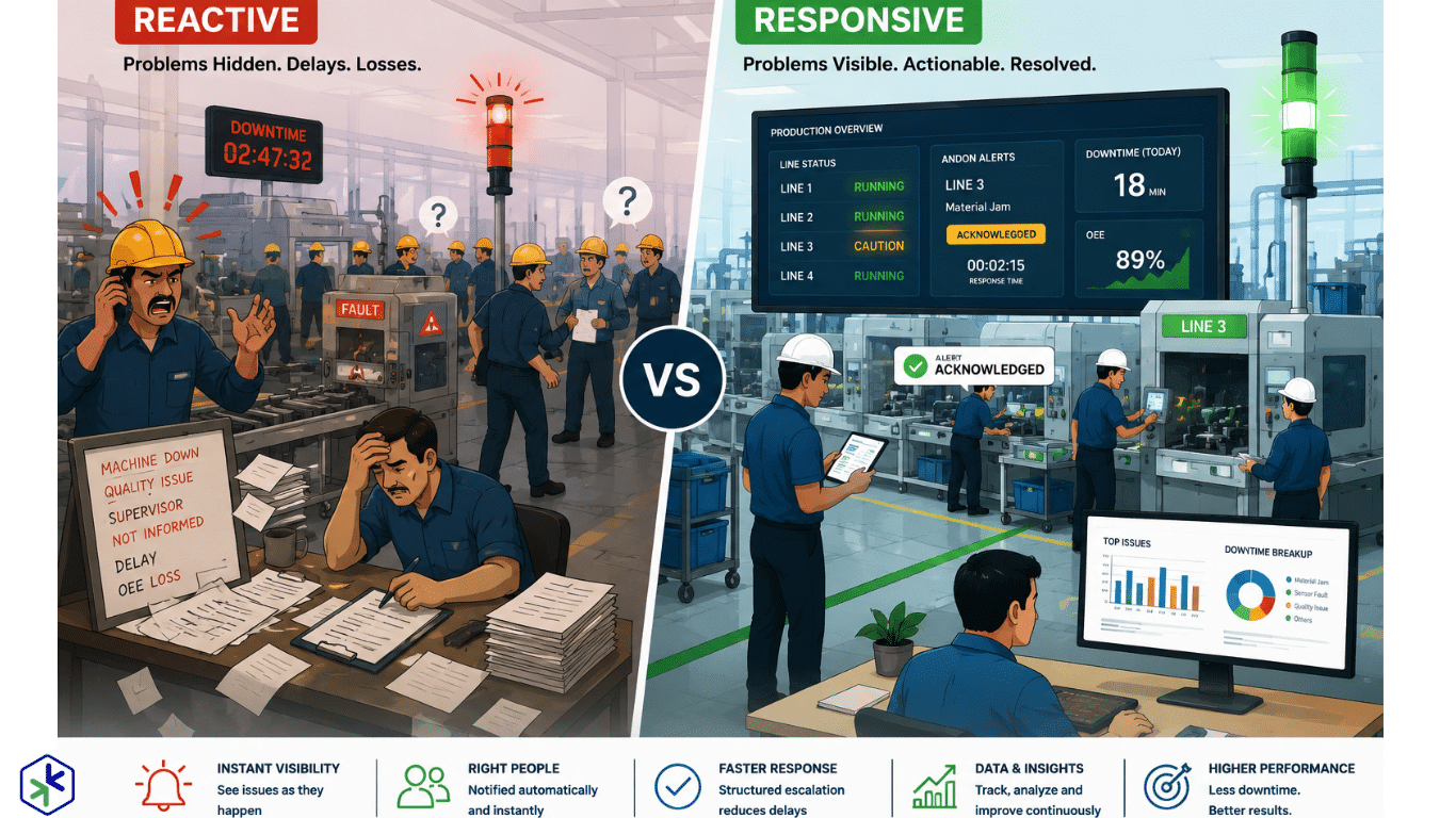 Illustration showing how an Andon system improves factory operations by comparing a reactive shop floor with delays and hidden problems against a responsive manufacturing setup with real-time alerts, dashboards, and faster issue resolution.